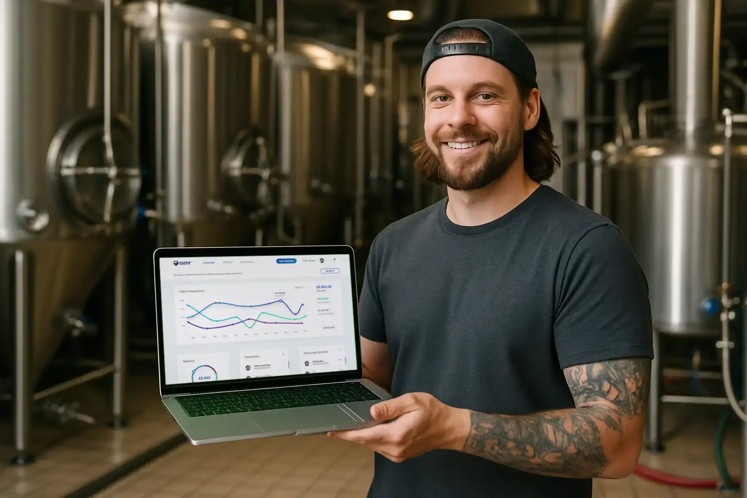 Brewer holding laptop in brewhouse with Oznr dashboard